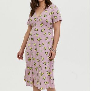 mauve pink lemon printed challis button midi dress